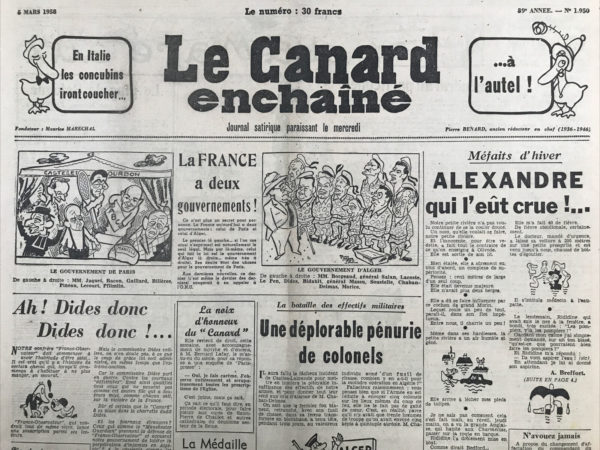 Couac ! | N° 1950 du Canard Enchaîné - 5 Mars 1958 | De Gaulle ne revient au pouvoir et dans les colonnes du Canard – comme toujours parfait thermomètre de la température politique du pays – qu’à l’occasion de la crise algérienne. Le numéro du 5 mars 1958 marque son grand retour dans l’hebdomadaire satirique. La position de la rédaction envers ce qui n’est encore qu’une hypothèse est globalement défavorable mais non sans nuances. Ce qui amuse, irrite, inquiète les journalistes, c’est le costume du sauveur, de l’homme providentiel que l’exilé de Colombey endosse avec tant de naturel sous les vivats d’une foule hétéroclite où semblent dominer les adversaires de la République. Les rôles que les uns et les autres veulent lui voir jouer sont si divers, le silence que le grand homme observe depuis 1956 si impénétrable que tout semble possible, de l’instauration d’une dictature au dénouement heureux de ce qui prend de plus en plus des allures de guerre. MARTIN Laurent, « De Gaulle et Le Canard enchaîné : je t'admire, moi non plus », Sociétés & Représentations, 2013/2 (n° 36), p. 109. LE LIVRE, par R. Tréno - Les Editions de Minuit lui font parvenir un opuscule, signé Henri Alleg et intitulé La question. Henri Alleg, ancien directeur d'Alger Républicain  est alors incarcéré à Alger. Un grand film que les Français n'ont pas le droit de voir: "Les Sentiers de la Gloire", par Donald Duck - Film de Stanley Kubrick toujours interdit de diffusion en France par la censure. | 1950