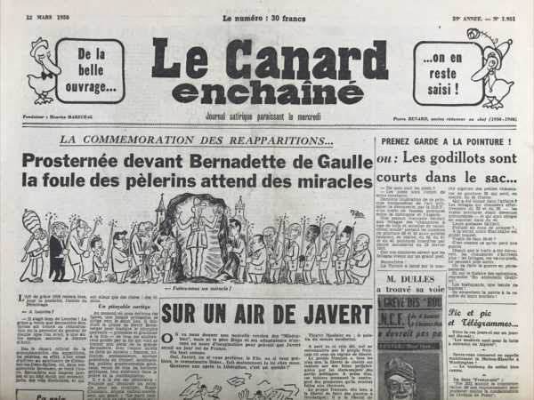 Couac ! | N° 1951 du Canard Enchaîné - 12 Mars 1958 | Article de Jean-paul Sartre sur la torture en Algérie, refusé à l'Express par la Censure et publié dans le Canard, en tous petits caractères.... | 1951