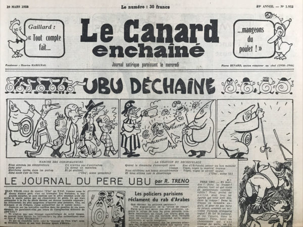 Couac ! | N° 1952 du Canard Enchaîné - 19 Mars 1958 | Nos Exemplaires du Canard Enchaîné sont archivés dans de bonnes conditions de conservation (obscurité, hygrométrie maitrisée et faible température), ce qui s'avère indispensable pour des journaux anciens. | 1952