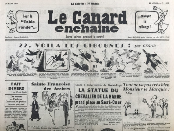 Couac ! | N° 1953 du Canard Enchaîné - 26 Mars 1958 | Nos Exemplaires du Canard Enchaîné sont archivés dans de bonnes conditions de conservation (obscurité, hygrométrie maitrisée et faible température), ce qui s'avère indispensable pour des journaux anciens. | 1953