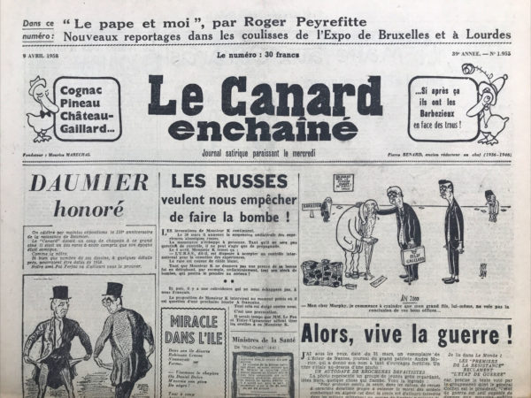 Couac ! | N° 1955 du Canard Enchaîné - 9 Avril 1958 | Nos Exemplaires du Canard Enchaîné sont archivés dans de bonnes conditions de conservation (obscurité, hygrométrie maitrisée et faible température), ce qui s'avère indispensable pour des journaux anciens. | 1955