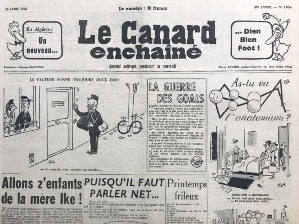 Couac ! | N° 1956 du Canard Enchaîné - 16 Avril 1958 | Nos Exemplaires du Canard Enchaîné sont archivés dans de bonnes conditions de conservation (obscurité, hygrométrie maitrisée et faible température), ce qui s'avère indispensable pour des journaux anciens. | 1956