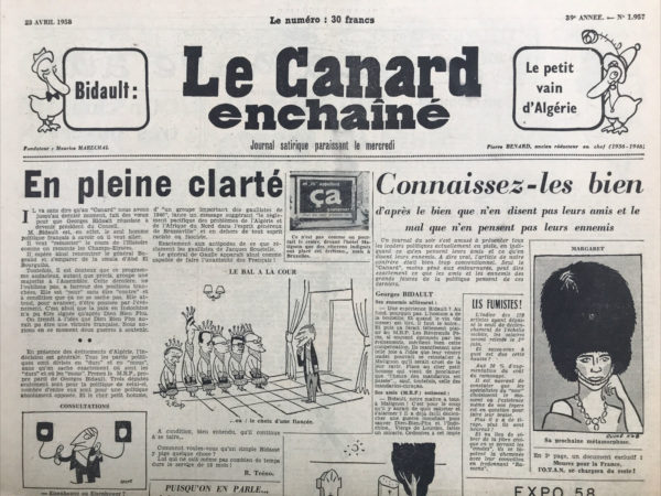 Couac ! | N° 1957 du Canard Enchaîné - 23 Avril 1958 | Nos Exemplaires du Canard Enchaîné sont archivés dans de bonnes conditions de conservation (obscurité, hygrométrie maitrisée et faible température), ce qui s'avère indispensable pour des journaux anciens. | 1957