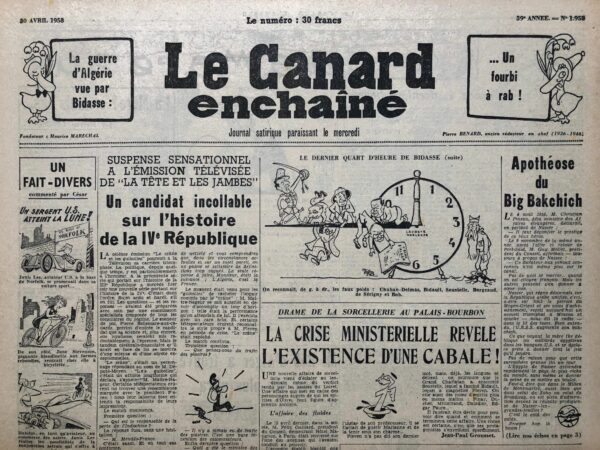 Couac ! | N° 1958 du Canard Enchaîné - 30 Avril 1958 | LETTRE OUVERTE à des compatriotes abusifs, par R. Tréno - Énorme coup de gueule de Tréno à l'endroit des 10.000 manifestants d'Alger, qui, avant de se séparer, se sont promis, le bras levé à la romaine, de tout faire pour mettre en place une autorité militaire à Alger... | 1958 1