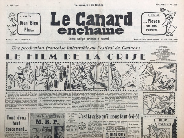 Couac ! | N° 1959 du Canard Enchaîné - 7 Mai 1958 | Nos Exemplaires du Canard Enchaîné sont archivés dans de bonnes conditions de conservation (obscurité, hygrométrie maitrisée et faible température), ce qui s'avère indispensable pour des journaux anciens. | 1959