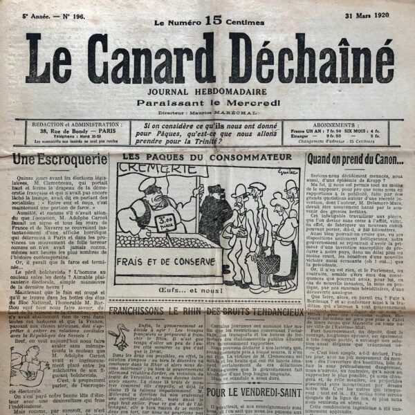 Couac ! | N° 196 du Canard Enchaîné - 31 Mars 1920 | Nos Exemplaires du Canard Enchaîné sont archivés dans de bonnes conditions de conservation (obscurité, hygrométrie maitrisée et faible température), ce qui s'avère indispensable pour des journaux anciens. | 196 2 rotated