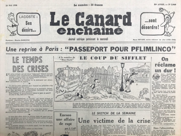 Couac ! | N° 1960 du Canard Enchaîné - 14 Mai 1958 | Les assassins sont parmi eux. Toujours les fusillés pour l'exemple ( Un courageux article d'un journaliste F.L.N.), par R. Tréno. Article imaginaire d'un journaliste arabe au lendemain de l'exécution de trois soldats français sur ordre du F.L.N. | 1960