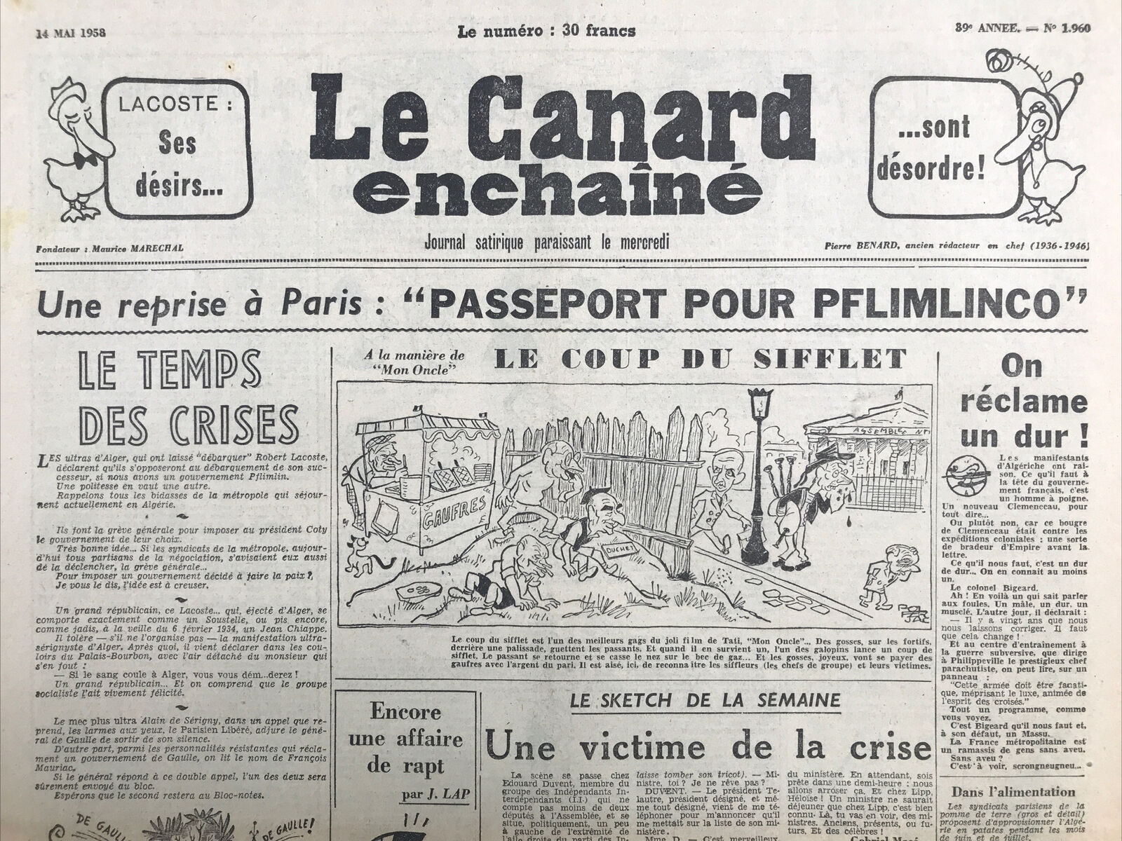 Couac ! | Acheter un Canard | Vente d'Anciens Journaux du Canard Enchaîné. Des Journaux Satiriques de Collection, Historiques & Authentiques de 1916 à 2004 ! | 1960