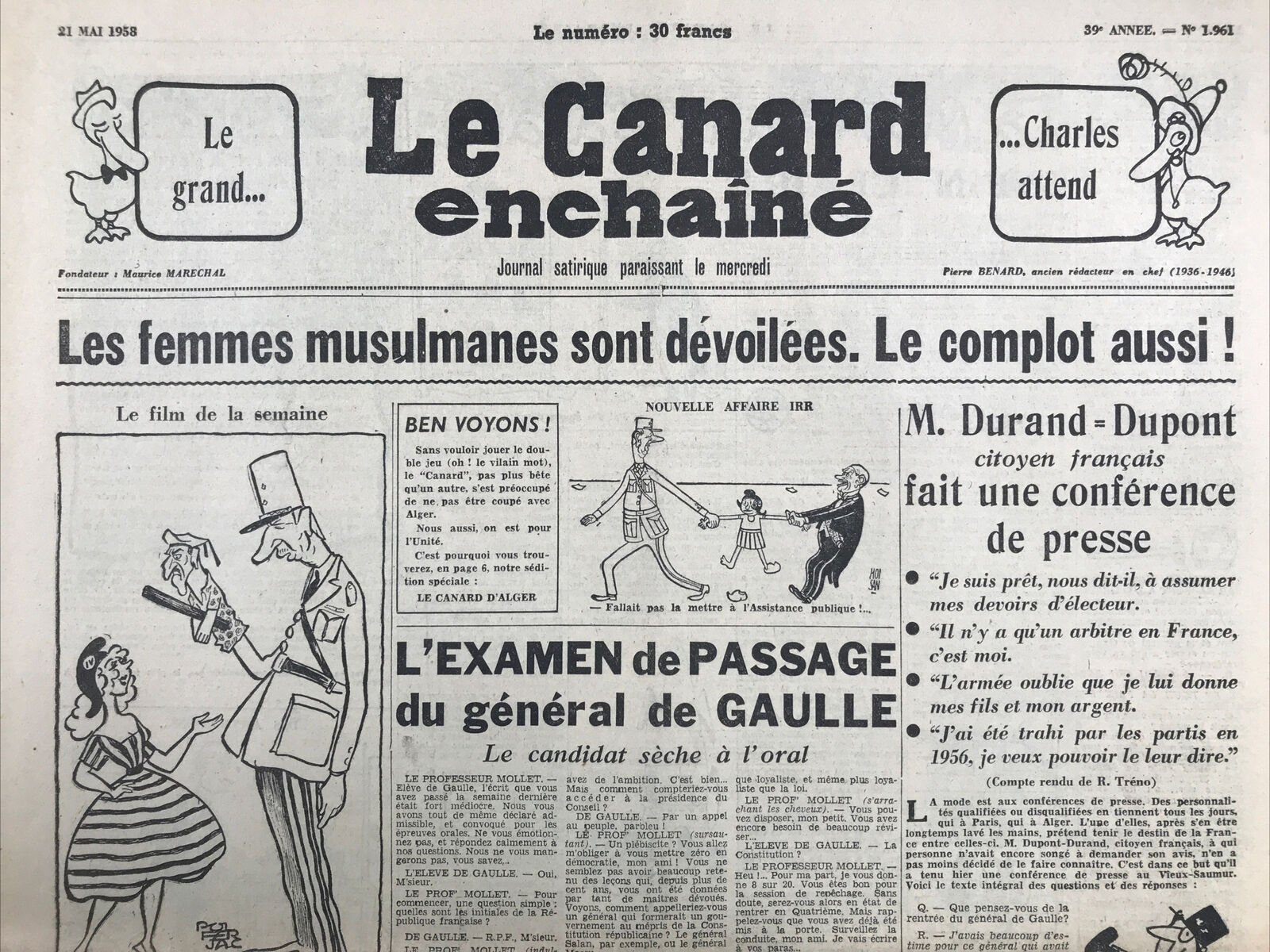 Couac ! | Acheter un Canard | Vente d'Anciens Journaux du Canard Enchaîné. Des Journaux Satiriques de Collection, Historiques & Authentiques de 1916 à 2004 ! | 1961