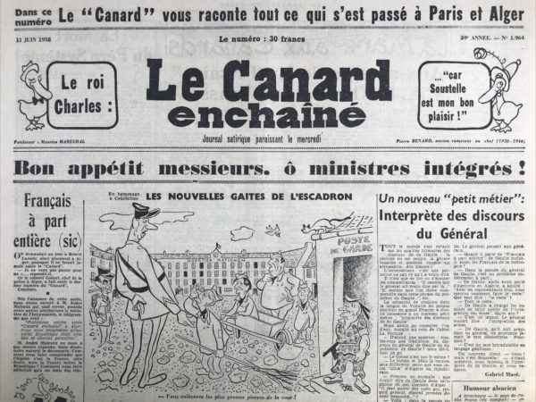 Couac ! | N° 1964 du Canard Enchaîné - 11 Juin 1958 | Nos Exemplaires du Canard Enchaîné sont archivés dans de bonnes conditions de conservation (obscurité, hygrométrie maitrisée et faible température), ce qui s'avère indispensable pour des journaux anciens. | 1964