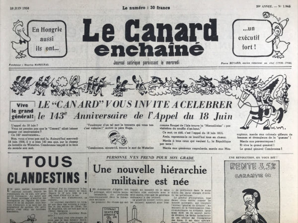 Couac ! | N° 1965 du Canard Enchaîné - 18 Juin 1958 | Nos Exemplaires du Canard Enchaîné sont archivés dans de bonnes conditions de conservation (obscurité, hygrométrie maitrisée et faible température), ce qui s'avère indispensable pour des journaux anciens. | 1965