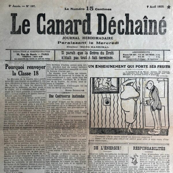 Couac ! | N° 197 du Canard Enchaîné - 7 Avril 1920 | Nos Exemplaires du Canard Enchaîné sont archivés dans de bonnes conditions de conservation (obscurité, hygrométrie maitrisée et faible température), ce qui s'avère indispensable pour des journaux anciens. | 197 rotated