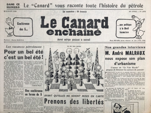 Couac ! | N° 1970 du Canard Enchaîné - 23 Juillet 1958 | Nos Exemplaires du Canard Enchaîné sont archivés dans de bonnes conditions de conservation (obscurité, hygrométrie maitrisée et faible température), ce qui s'avère indispensable pour des journaux anciens. | 1970