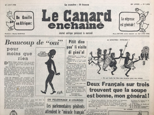 Couac ! | N° 1975 du Canard Enchaîné - 27 Août 1958 | Nos Exemplaires du Canard Enchaîné sont archivés dans de bonnes conditions de conservation (obscurité, hygrométrie maitrisée et faible température), ce qui s'avère indispensable pour des journaux anciens. | 1975