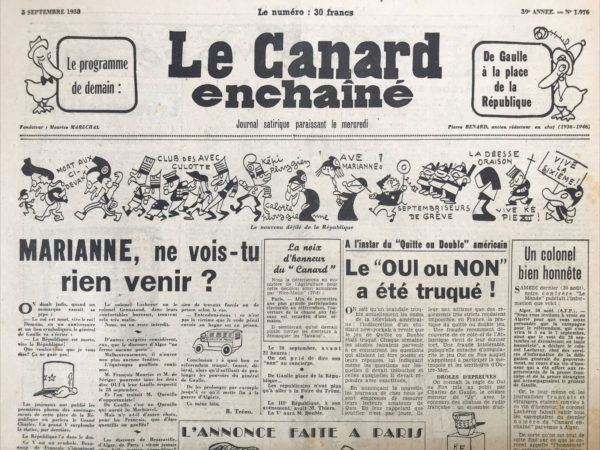 Couac ! | N° 1976 du Canard Enchaîné - 3 Septembre 1958 | Nos Exemplaires du Canard Enchaîné sont archivés dans de bonnes conditions de conservation (obscurité, hygrométrie maitrisée et faible température), ce qui s'avère indispensable pour des journaux anciens. | 1976