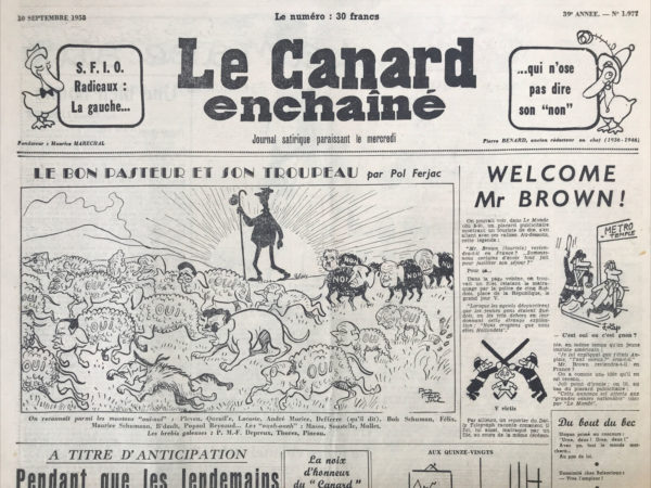 Couac ! | N° 1977 du Canard Enchaîné - 10 Septembre 1958 | Nos Exemplaires du Canard Enchaîné sont archivés dans de bonnes conditions de conservation (obscurité, hygrométrie maitrisée et faible température), ce qui s'avère indispensable pour des journaux anciens. | 1977