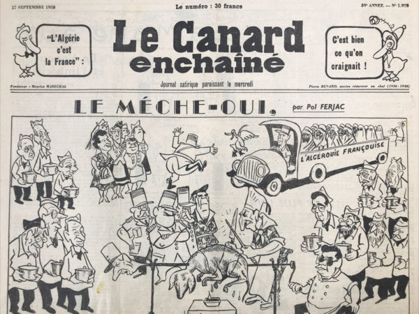 Couac ! | N° 1978 du Canard Enchaîné - 17 Septembre 1958 | Nos Exemplaires du Canard Enchaîné sont archivés dans de bonnes conditions de conservation (obscurité, hygrométrie maitrisée et faible température), ce qui s'avère indispensable pour des journaux anciens. | 1978