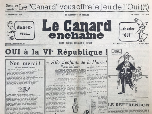 Couac ! | N° 1979 du Canard Enchaîné - 24 Septembre 1958 | Nos Exemplaires du Canard Enchaîné sont archivés dans de bonnes conditions de conservation (obscurité, hygrométrie maitrisée et faible température), ce qui s'avère indispensable pour des journaux anciens. | 1979