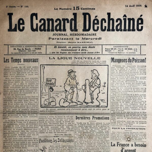 Couac ! | N° 198 du Canard Enchaîné - 14 Avril 1920 | Nos Exemplaires du Canard Enchaîné sont archivés dans de bonnes conditions de conservation (obscurité, hygrométrie maitrisée et faible température), ce qui s'avère indispensable pour des journaux anciens. | 198 1 rotated