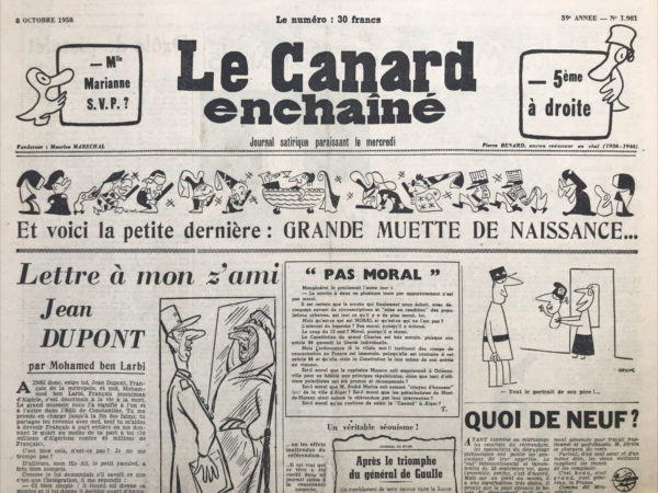 Couac ! | N° 1981 du Canard Enchaîné - 8 Octobre 1958 | Canard-Variétés, Yves Montand à l'Etoile, par H.M. - Montand propose un répertoire éclectique, mêlant Lemarque, Mireille, Prévert et Brel, avec une touche d'humour quotidien. L'entracte dévoile Les Assassins du dimanche, introduits par Lemarque. Yves se distingue par sa capacité à créer un lien étroit avec son public, grâce à son style de chant proche de celui de chacun. | 1981