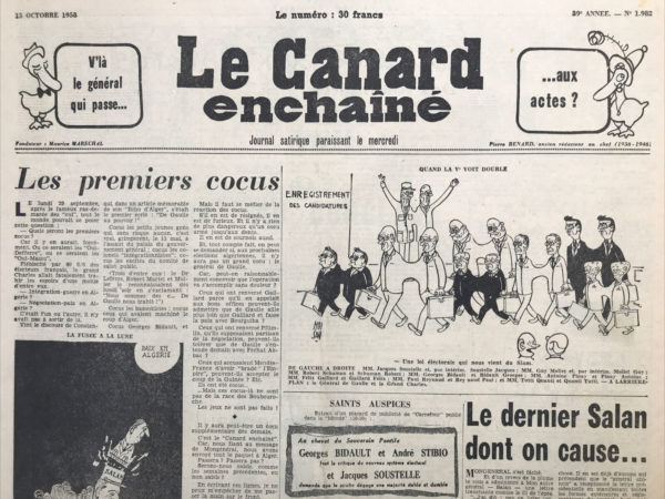 Couac ! | N° 1982 du Canard Enchaîné - 15 Octobre 1958 | Nos Exemplaires du Canard Enchaîné sont archivés dans de bonnes conditions de conservation (obscurité, hygrométrie maitrisée et faible température), ce qui s'avère indispensable pour des journaux anciens. | 1982