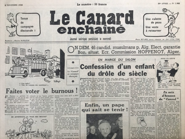 Couac ! | N° 1985 du Canard Enchaîné - 5 Novembre 1958 | Nos Exemplaires du Canard Enchaîné sont archivés dans de bonnes conditions de conservation (obscurité, hygrométrie maitrisée et faible température), ce qui s'avère indispensable pour des journaux anciens. | 1985