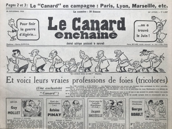 Couac ! | N° 1987 du Canard Enchaîné - 19 Novembre 1958 | Nos Exemplaires du Canard Enchaîné sont archivés dans de bonnes conditions de conservation (obscurité, hygrométrie maitrisée et faible température), ce qui s'avère indispensable pour des journaux anciens. | 1987