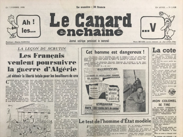 Couac ! | N° 1988 du Canard Enchaîné - 26 Novembre 1958 | Nos Exemplaires du Canard Enchaîné sont archivés dans de bonnes conditions de conservation (obscurité, hygrométrie maitrisée et faible température), ce qui s'avère indispensable pour des journaux anciens. | 1988