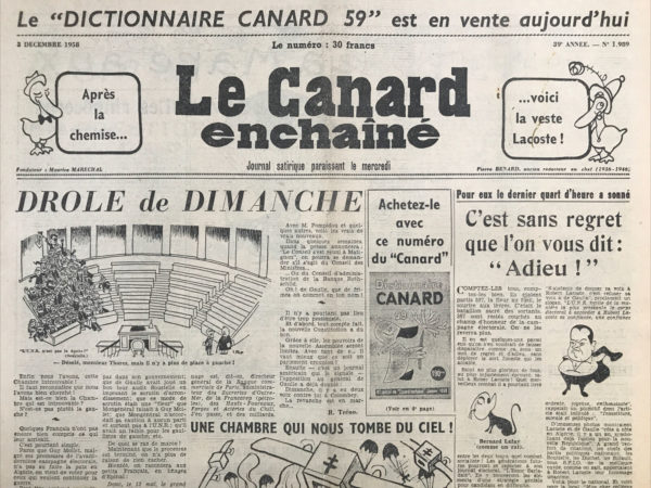 Couac ! | N° 1989 du Canard Enchaîné - 3 Décembre 1958 | Nos Exemplaires du Canard Enchaîné sont archivés dans de bonnes conditions de conservation (obscurité, hygrométrie maitrisée et faible température), ce qui s'avère indispensable pour des journaux anciens. | 1989