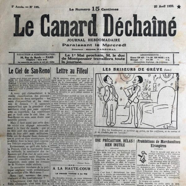 Couac ! | N° 199 du Canard Enchaîné - 21 Avril 1920 | Nos Exemplaires du Canard Enchaîné sont archivés dans de bonnes conditions de conservation (obscurité, hygrométrie maitrisée et faible température), ce qui s'avère indispensable pour des journaux anciens. | 199 rotated