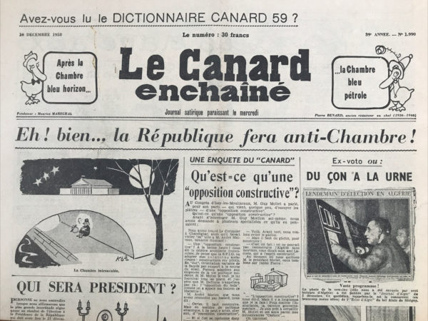 Couac ! | N° 1990 du Canard Enchaîné - 10 Décembre 1958 | Nos Exemplaires du Canard Enchaîné sont archivés dans de bonnes conditions de conservation (obscurité, hygrométrie maitrisée et faible température), ce qui s'avère indispensable pour des journaux anciens. | 1990