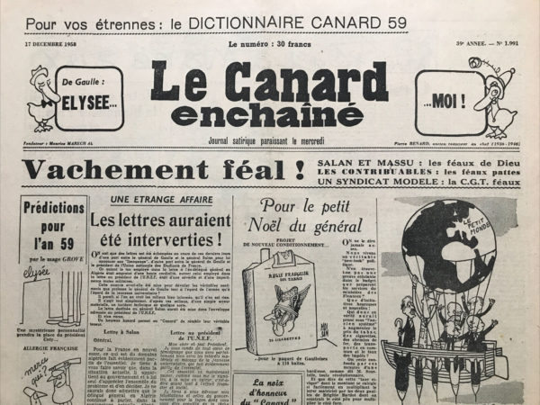 Couac ! | N° 1991 du Canard Enchaîné - 17 Décembre 1958 | Nos Exemplaires du Canard Enchaîné sont archivés dans de bonnes conditions de conservation (obscurité, hygrométrie maitrisée et faible température), ce qui s'avère indispensable pour des journaux anciens. | 1991