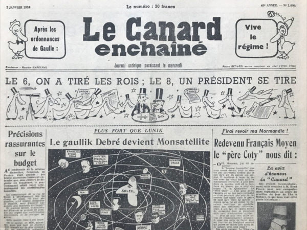 Couac ! | N° 1994 du Canard Enchaîné - 7 Janvier 1959 | Nos Exemplaires du Canard Enchaîné sont archivés dans de bonnes conditions de conservation (obscurité, hygrométrie maitrisée et faible température), ce qui s'avère indispensable pour des journaux anciens. | 1994