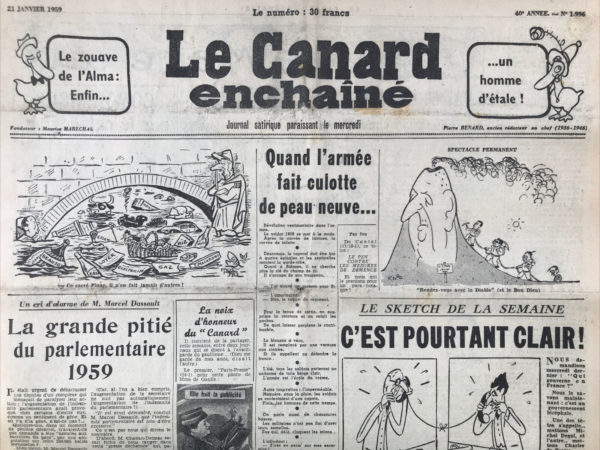 Couac ! | N° 1996 du Canard Enchaîné - 21 Janvier 1959 | Nos Exemplaires du Canard Enchaîné sont archivés dans de bonnes conditions de conservation (obscurité, hygrométrie maitrisée et faible température), ce qui s'avère indispensable pour des journaux anciens. | 1996