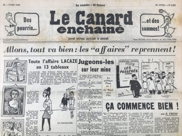 Couac ! | N° 1997 du Canard Enchaîné - 28 Janvier 1959 | Nos Exemplaires du Canard Enchaîné sont archivés dans de bonnes conditions de conservation (obscurité, hygrométrie maitrisée et faible température), ce qui s'avère indispensable pour des journaux anciens. | 1997