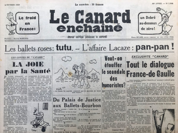 Couac ! | N° 1998 du Canard Enchaîné - 4 Février 1959 | Nos Exemplaires du Canard Enchaîné sont archivés dans de bonnes conditions de conservation (obscurité, hygrométrie maitrisée et faible température), ce qui s'avère indispensable pour des journaux anciens. | 1998