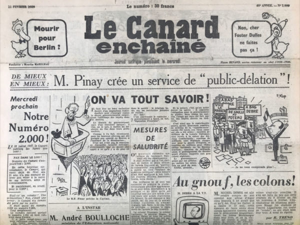 Couac ! | N° 1999 du Canard Enchaîné - 11 Février 1959 | Nos Exemplaires du Canard Enchaîné sont archivés dans de bonnes conditions de conservation (obscurité, hygrométrie maitrisée et faible température), ce qui s'avère indispensable pour des journaux anciens. | 1999