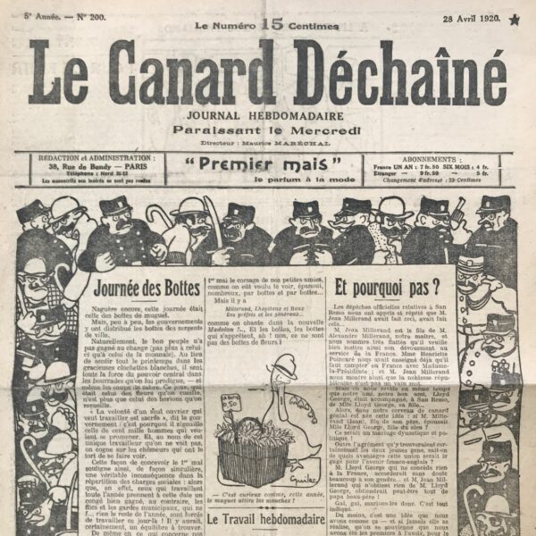 Couac ! | N° 200 du Canard Enchaîné - 28 Avril 1920 | Dernier numéro du Canard Déchaîné...à la veille du 1er mai Journée des bottes - Le Canard anticipe un 1er Mai particulièrement agité et répressif. Malgré les velléités réformatrices du ministre du travail, au sein du gouvernement Millerand, très à droite, les syndicats appellent à un grand mouvement social. Grèves qui toucheront les banques, les grands magasins, et les compagnies de chemin de fer. | 200 rotated