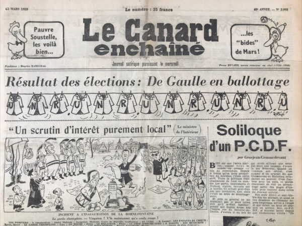 Couac ! | N° 2003 du Canard Enchaîné - 11 Mars 1959 | Nos Exemplaires du Canard Enchaîné sont archivés dans de bonnes conditions de conservation (obscurité, hygrométrie maitrisée et faible température), ce qui s'avère indispensable pour des journaux anciens. | 2003