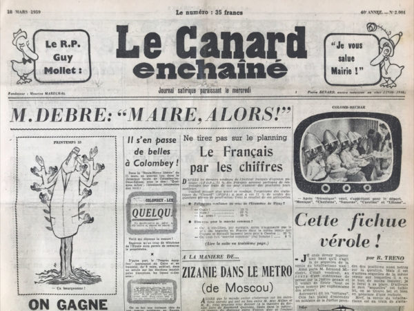 Couac ! | N° 2004 du Canard Enchaîné - 18 Mars 1959 | Nos Exemplaires du Canard Enchaîné sont archivés dans de bonnes conditions de conservation (obscurité, hygrométrie maitrisée et faible température), ce qui s'avère indispensable pour des journaux anciens. | 2004