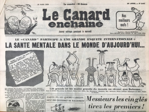 Couac ! | N° 2005 du Canard Enchaîné - 25 Mars 1959 | Nos Exemplaires du Canard Enchaîné sont archivés dans de bonnes conditions de conservation (obscurité, hygrométrie maitrisée et faible température), ce qui s'avère indispensable pour des journaux anciens. | 2005