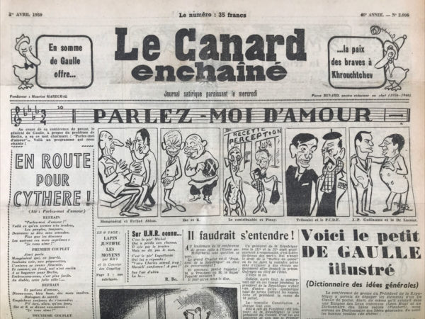 Couac ! | N° 2006 du Canard Enchaîné - 1 Avril 1959 | Nos Exemplaires du Canard Enchaîné sont archivés dans de bonnes conditions de conservation (obscurité, hygrométrie maitrisée et faible température), ce qui s'avère indispensable pour des journaux anciens. | 2006