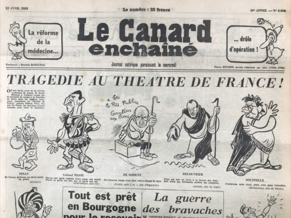 Couac ! | N° 2008 du Canard Enchaîné - 15 Avril 1959 | Nos Exemplaires du Canard Enchaîné sont archivés dans de bonnes conditions de conservation (obscurité, hygrométrie maitrisée et faible température), ce qui s'avère indispensable pour des journaux anciens. | 2008