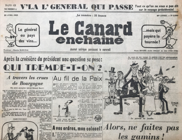 Couac ! | N° 2009 du Canard Enchaîné - 22 Avril 1959 | Nos Exemplaires du Canard Enchaîné sont archivés dans de bonnes conditions de conservation (obscurité, hygrométrie maitrisée et faible température), ce qui s'avère indispensable pour des journaux anciens. | 2009