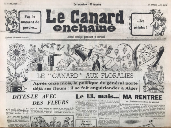 Couac ! | N° 2010 du Canard Enchaîné - 29 Avril 1959 | Nos Exemplaires du Canard Enchaîné sont archivés dans de bonnes conditions de conservation (obscurité, hygrométrie maitrisée et faible température), ce qui s'avère indispensable pour des journaux anciens. | 2010