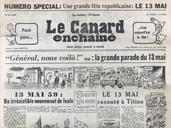 Couac ! | N° 2012 du Canard Enchaîné - 13 Mai 1959 | Nos Exemplaires du Canard Enchaîné sont archivés dans de bonnes conditions de conservation (obscurité, hygrométrie maitrisée et faible température), ce qui s'avère indispensable pour des journaux anciens. | 2012