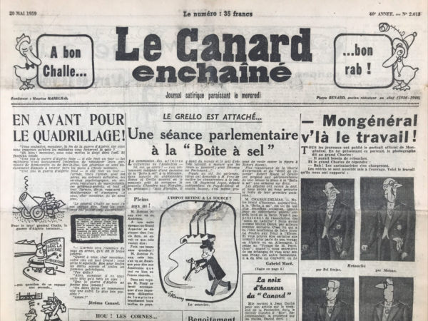 Couac ! | N° 2013 du Canard Enchaîné - 20 Mai 1959 | Nos Exemplaires du Canard Enchaîné sont archivés dans de bonnes conditions de conservation (obscurité, hygrométrie maitrisée et faible température), ce qui s'avère indispensable pour des journaux anciens. | 2013