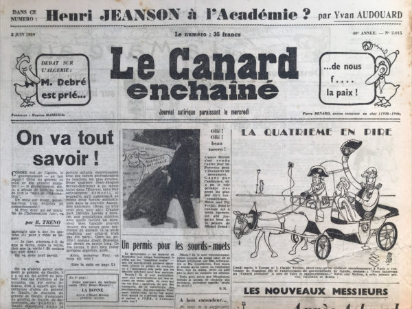 Couac ! | N° 2015 du Canard Enchaîné - 3 Juin 1959 | Nos Exemplaires du Canard Enchaîné sont archivés dans de bonnes conditions de conservation (obscurité, hygrométrie maitrisée et faible température), ce qui s'avère indispensable pour des journaux anciens. | 2015