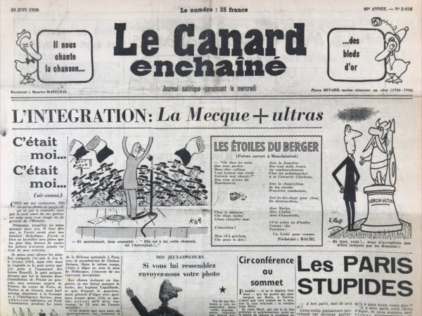 Couac ! | N° 2016 du Canard Enchaîné - 10 Juin 1959 | Nos Exemplaires du Canard Enchaîné sont archivés dans de bonnes conditions de conservation (obscurité, hygrométrie maitrisée et faible température), ce qui s'avère indispensable pour des journaux anciens. | 2016