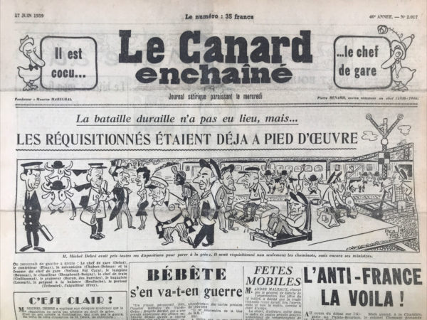 Couac ! | N° 2017 du Canard Enchaîné - 17 Juin 1959 | L'ANTI-FRANCE LA VOILA ! par R. Tréno - La critique contre l'armée, la force de frappe et le gouvernement énerve le général. En juin, Michel Debré, alors premier ministre (l'amer Michel pour le Canard), monte à la tribune de l'assemblée nationale et dénonce vigoureusement "l'anti-France", à l'occasion d'un débat sur l'Algérie. Le Canard est-il visé ? Dans son papier, c'est Tréno qui monte à la tribune, retournant la conception que Debré a de "l'anti-France"... BEBETE S'EN VA-T-EN GUERRE, VISITE DE BRIGITTE BARDOT AUX BLESSES D'ALGERIE DU VAL DE GRACE-CINEMA: "ORFEO NEGRO" DE MARCEL CAMUS, "LES AVENTURES FANTASTIQUES" DE KAREL ZEMAN, JULES VERNE | 2017